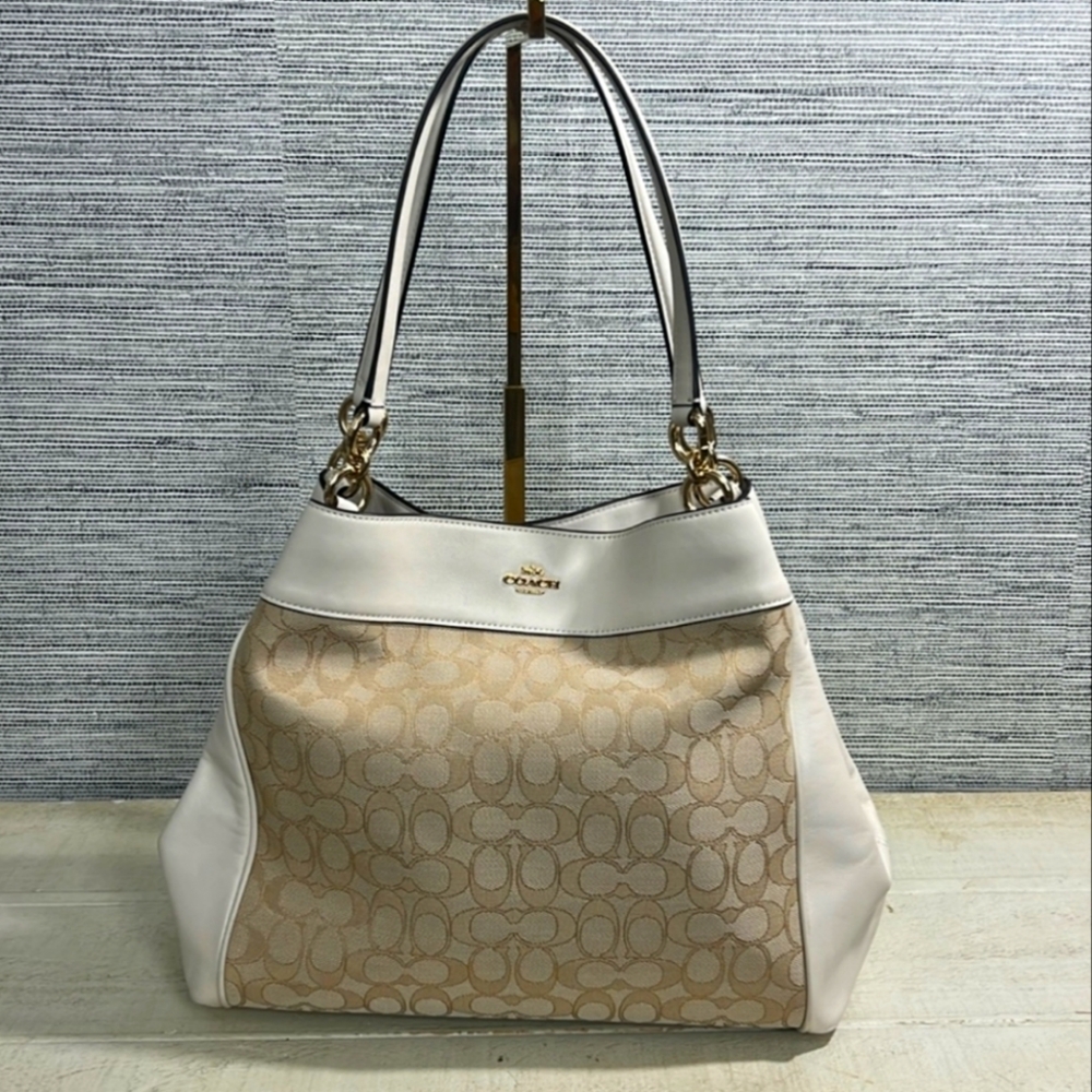 Coach Lexi White & Tan Leather/canvas Monogram 2 Way Satchel EUE